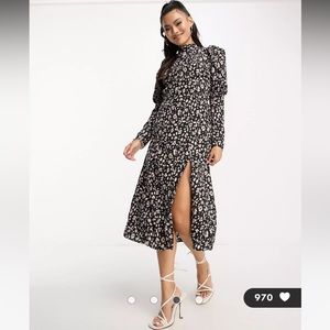 AX Paris midi dress with ruched sleeves in black floral